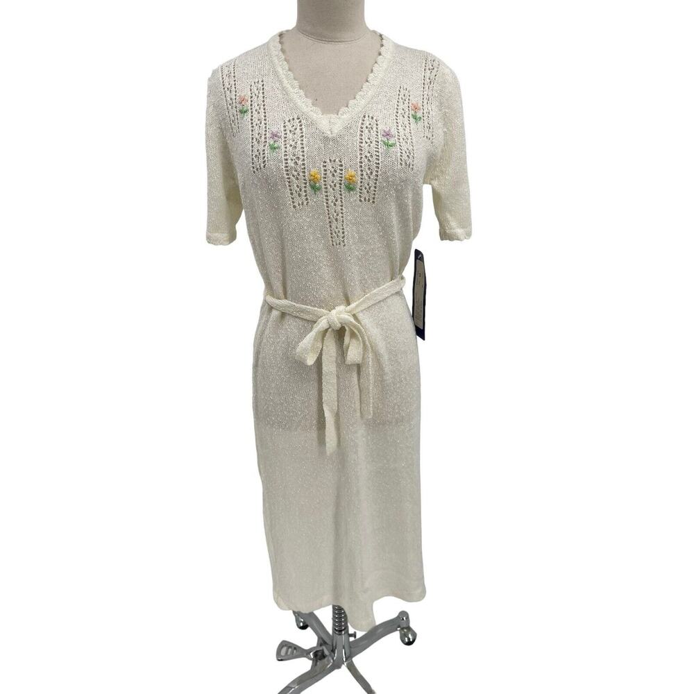 NWT Vintage Joni Blair Dress Boucle Knit Sweater Embroidered Flowers Medium